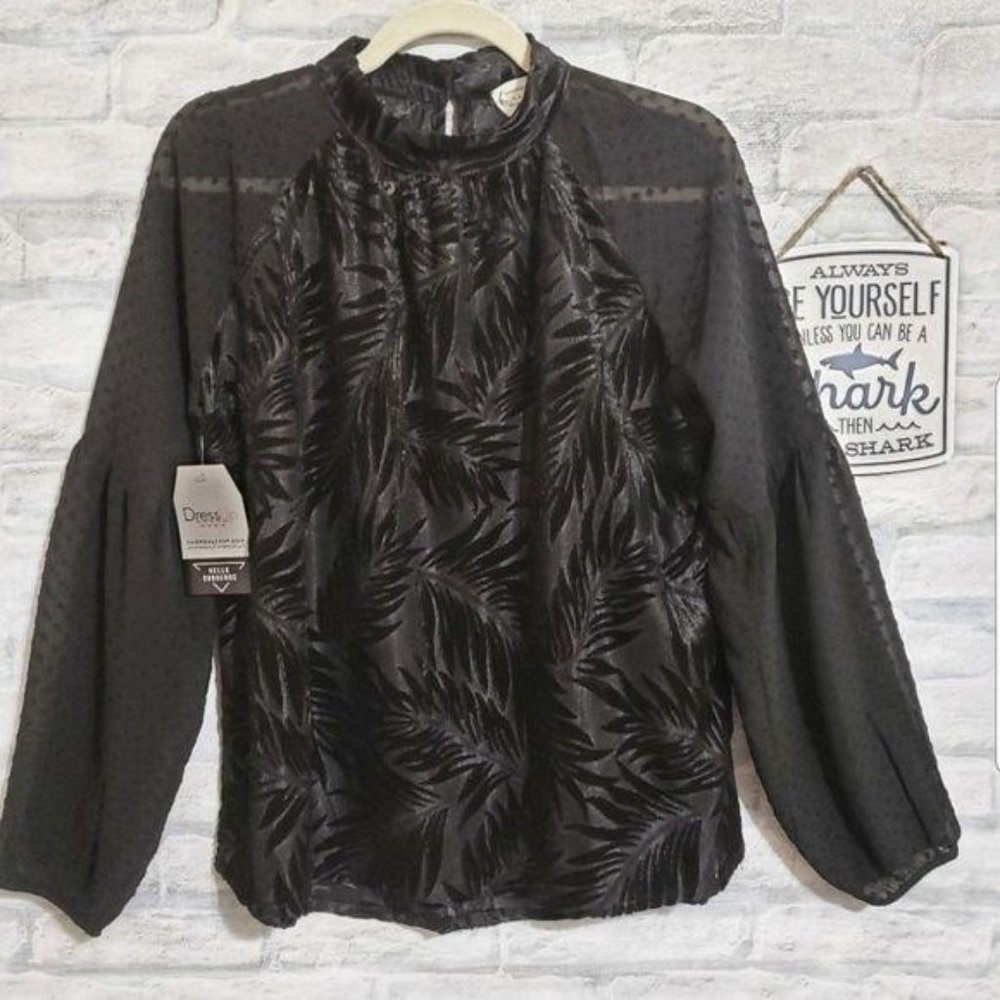 Love Riche Womens black velvet burnout top blouse sheer arms sz S NEW